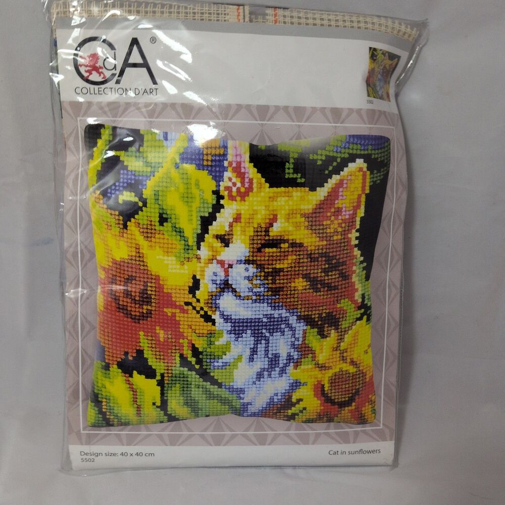 CDA stamped cross stitch kit cushion "Cat in Sunflowers", 40x40cm